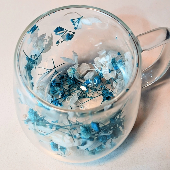 Pressed Flower Glass Mug Set Pink Blue – Aesthetic Floral Tea Cups Handmade Gift - Picture 8 of 12